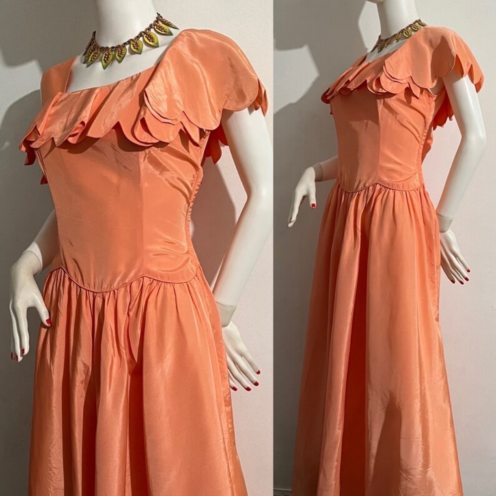 1930s CURVY peach taffeta evening dress asymmetrical shoulder tropical gown